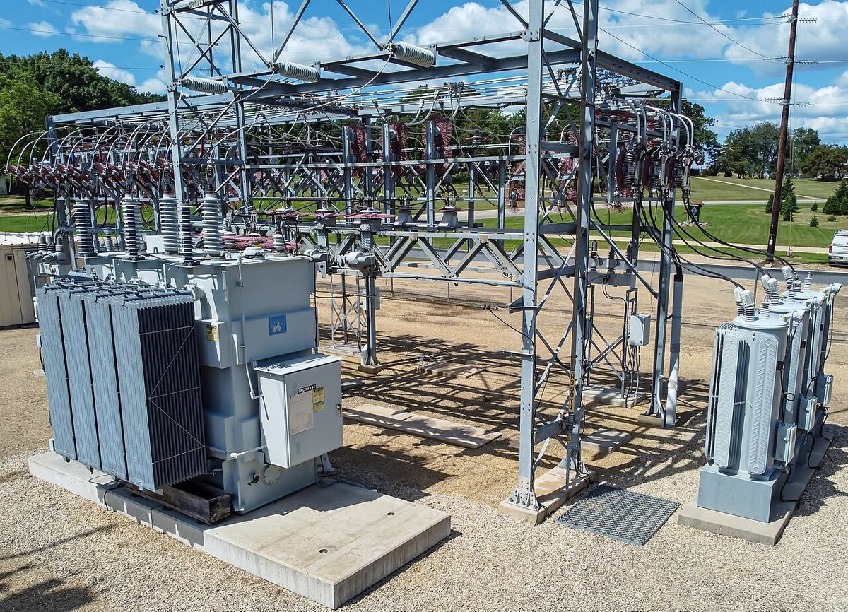 Close-up of electrical transformer equipment at a power substation