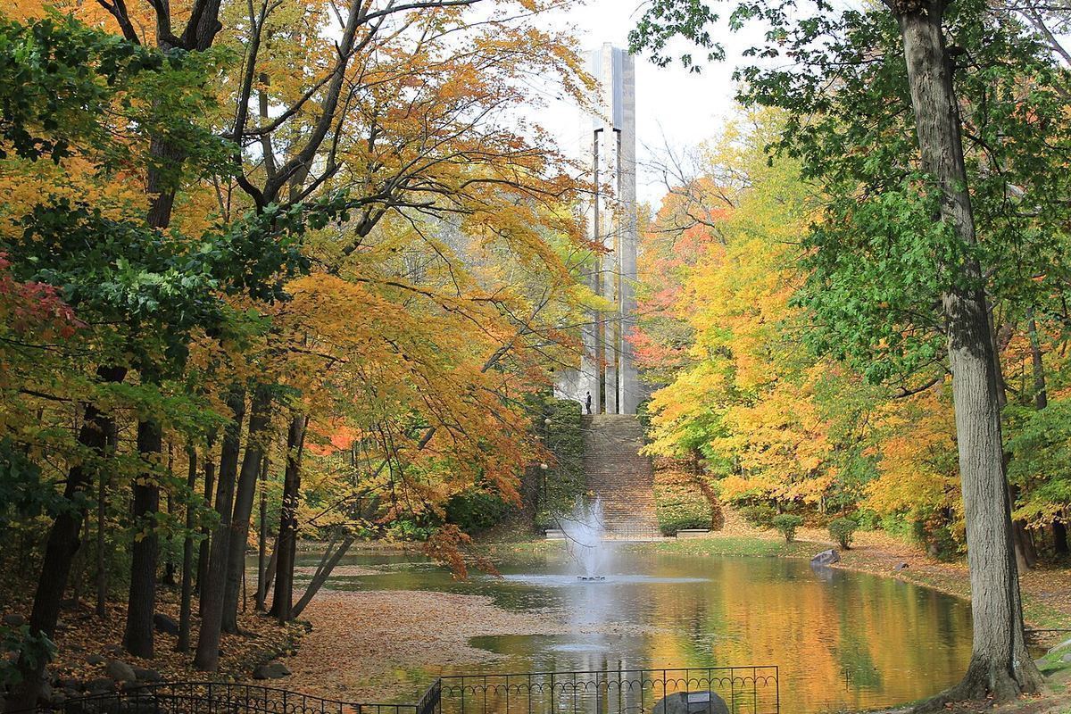A calm pond with a small fountain surrounded by trees in orange and gold fall color